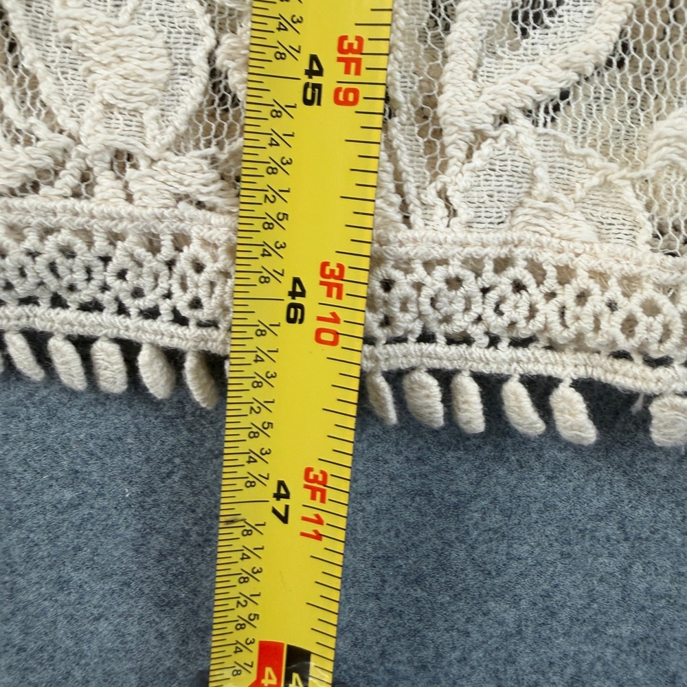 Forever 21 Cream Floral Lace Longline Duster Cardigan Bell Sleeve Pom Trim Small - Picture 7 of 8